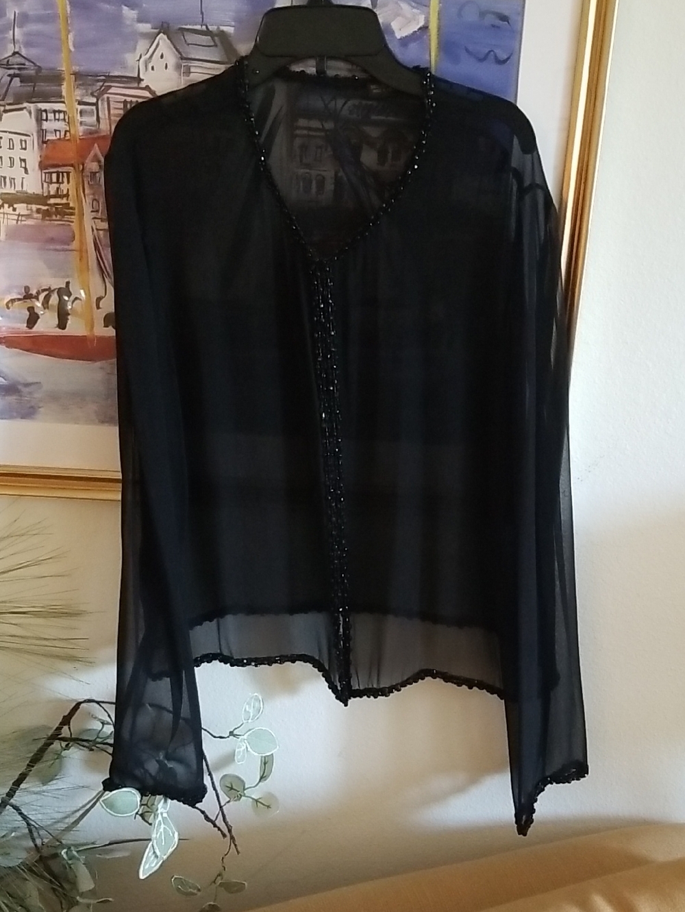 Black Sheer Beaded V-Neck Women's Blouse